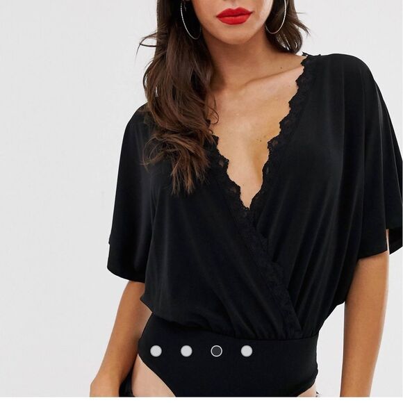 ASOS Angel Sleeve Wrap Lace Trim Bodysuit Size 12 - Picture 2 of 13